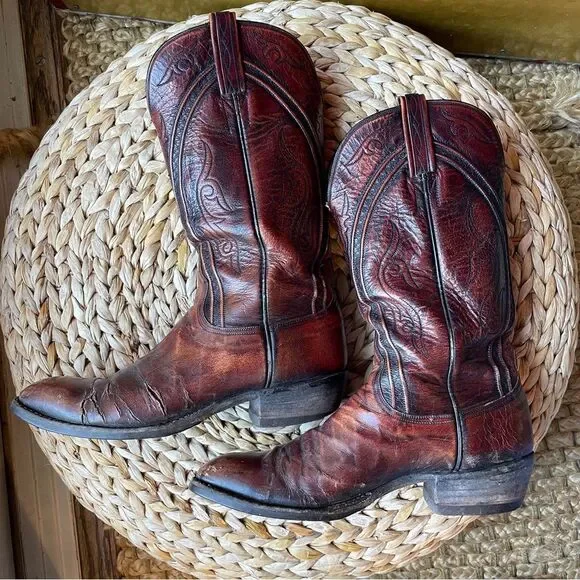 Vintage Lucchese Cherry Ostrich Quill Cowboy Western Men's Boots 8.5D - Picture 6 of 11